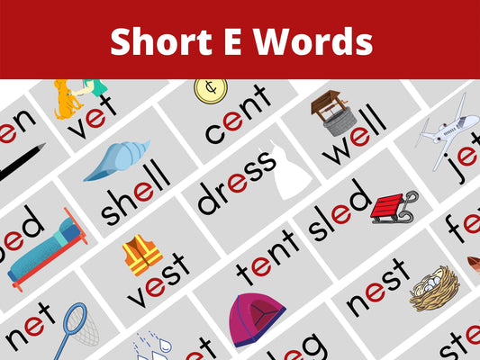 The main article image  showing different Short E Words.
